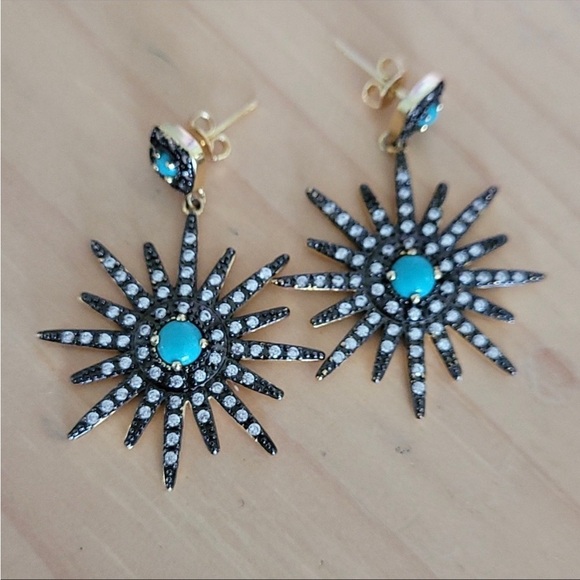 Adornia starburst 14k gold plated, turquoise and Swarovski crystal earrings NEW - Picture 4 of 5